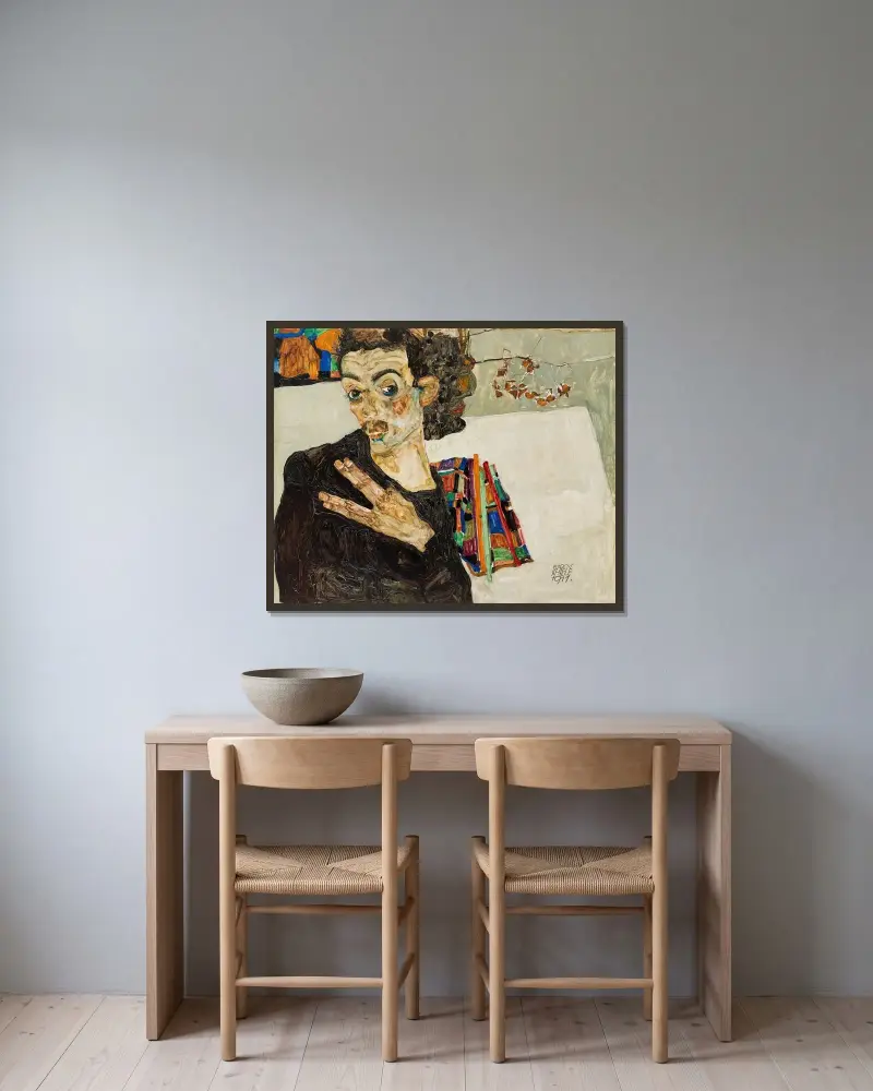 Selbstbildnis av Egon Schiele inramad på en vägg