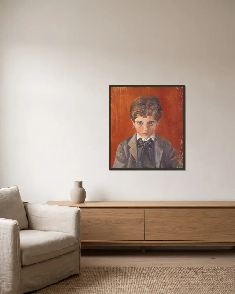 Selbstbildnis vor rotem Hintergrund av Egon Schiele inramad på en vägg
