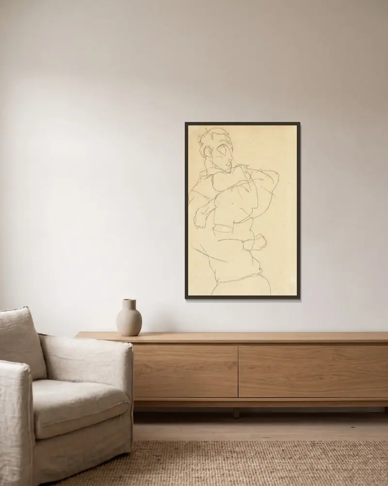 Selbstbildnis von Egon Schiele gerahmt an einer Wand