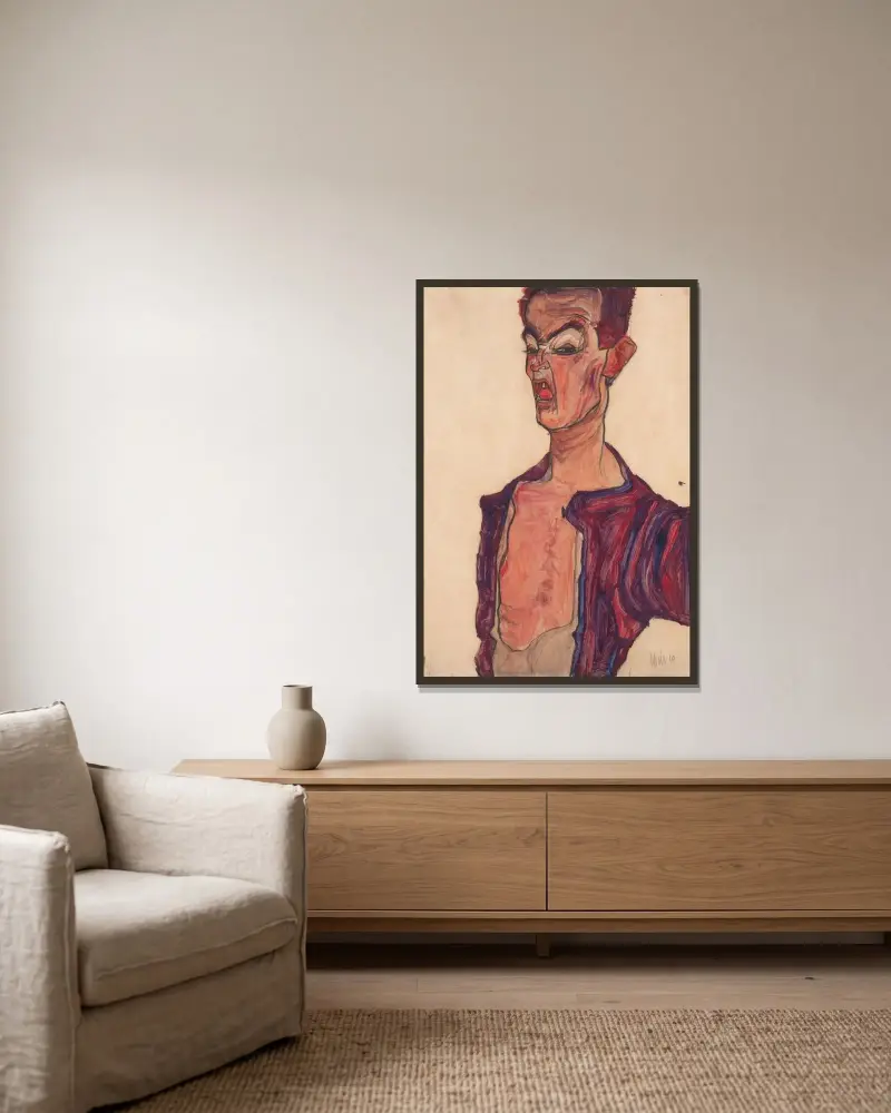 Autoportret, grymas, Egon Schiele w ramie na ścianie