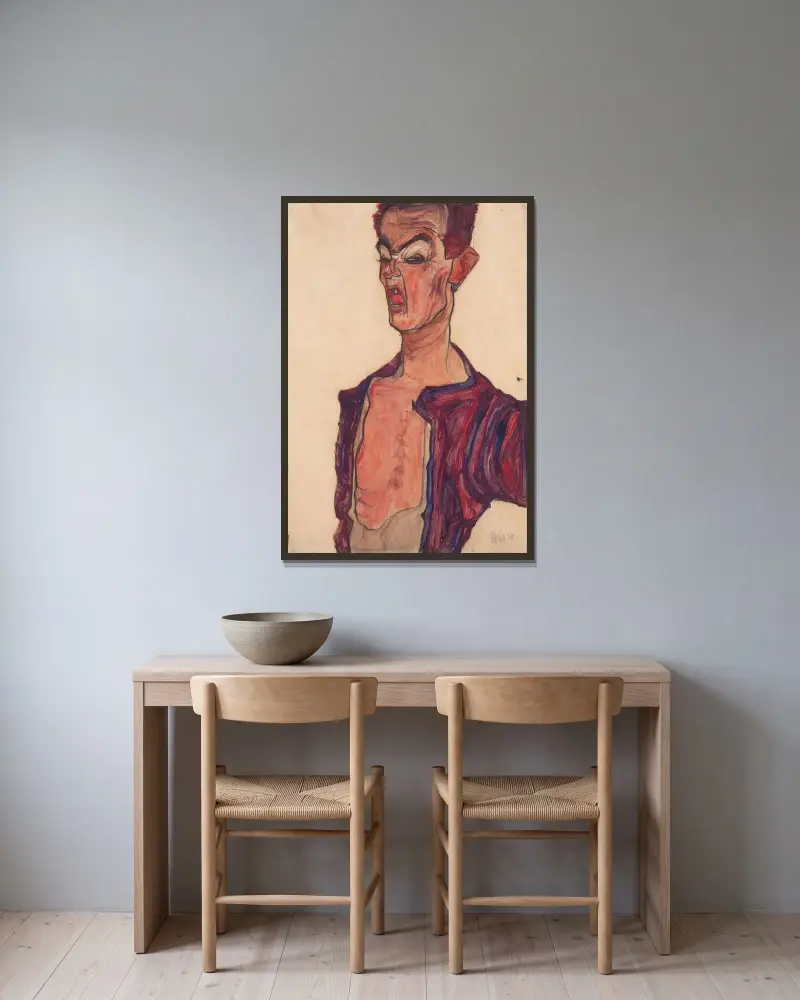 Autoportret, grymas, Egon Schiele w ramie na ścianie