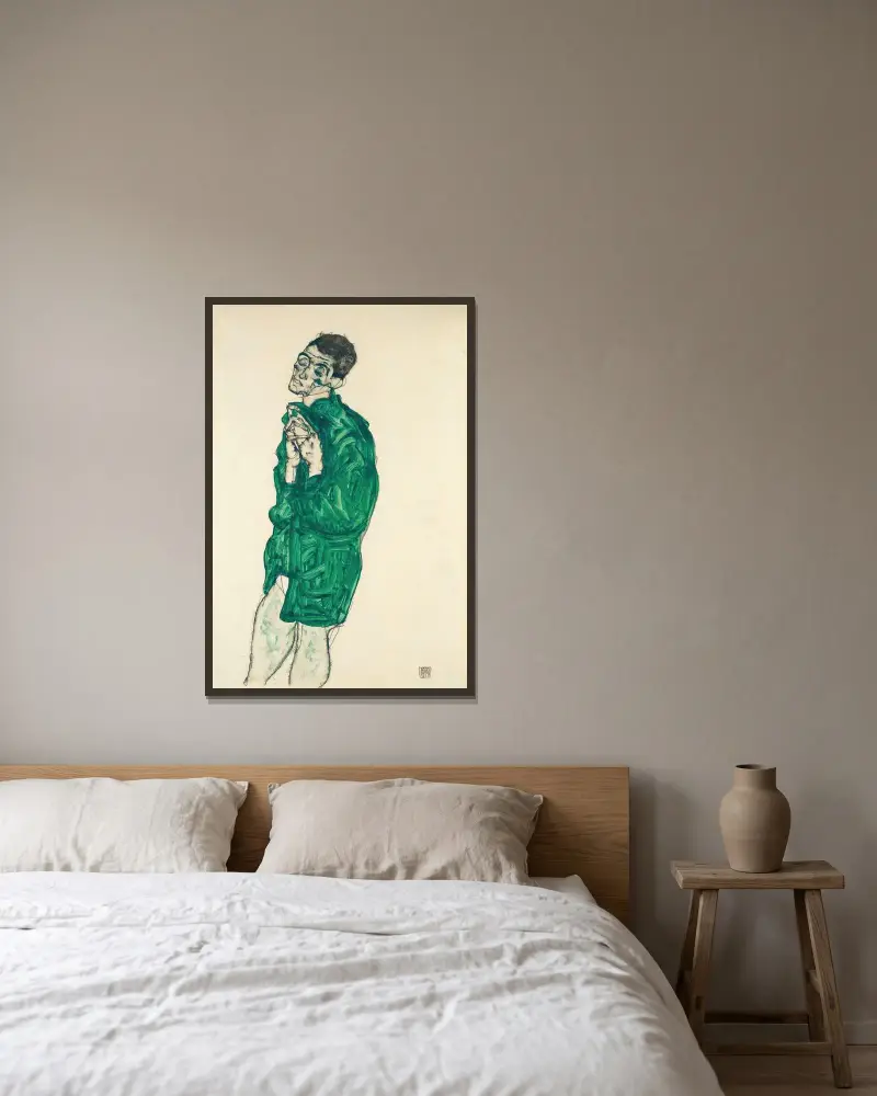 Självporträtt i grön skjorta med slutna ögon av Egon Schiele inramad på en vägg