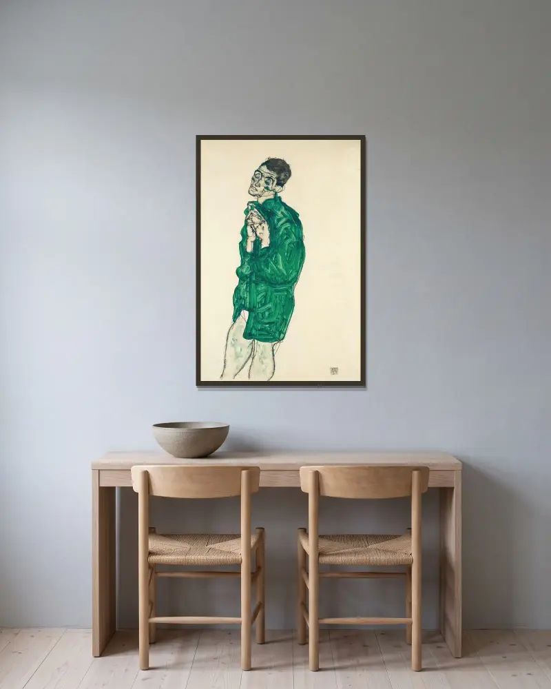 Självporträtt i grön skjorta med slutna ögon av Egon Schiele inramad på en vägg