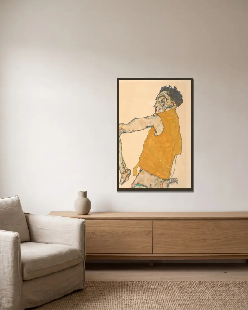 Självporträtt i gul väst, 1914 av Egon Schiele inramad på en vägg