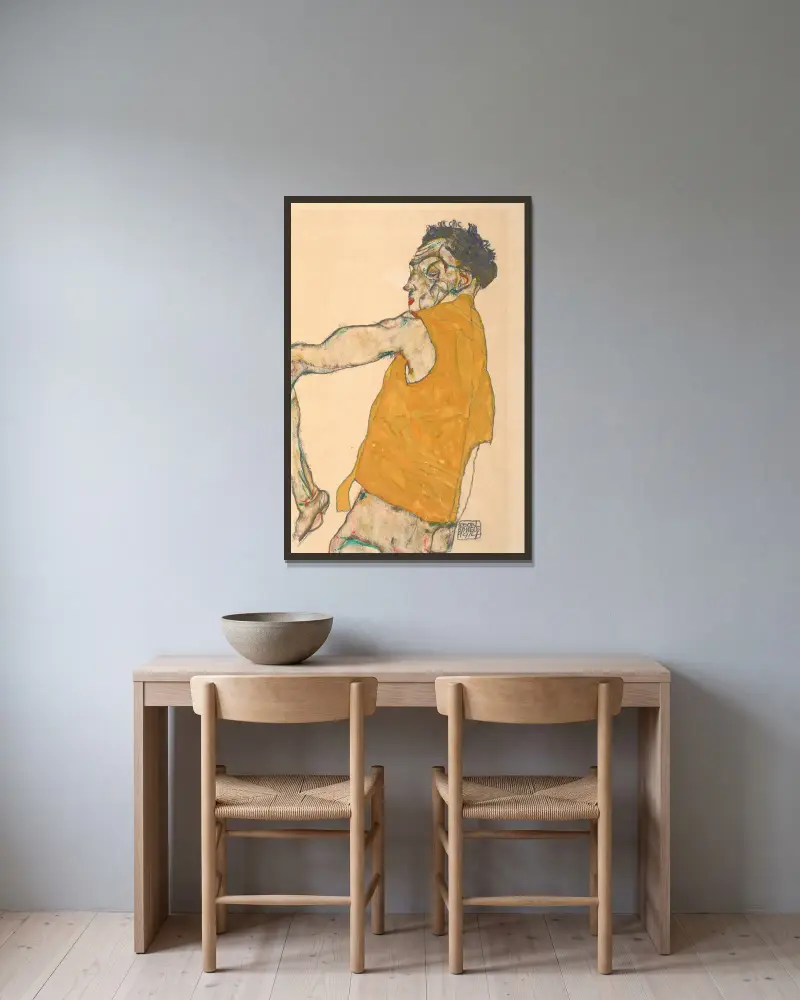 Självporträtt i gul väst, 1914 av Egon Schiele inramad på en vägg