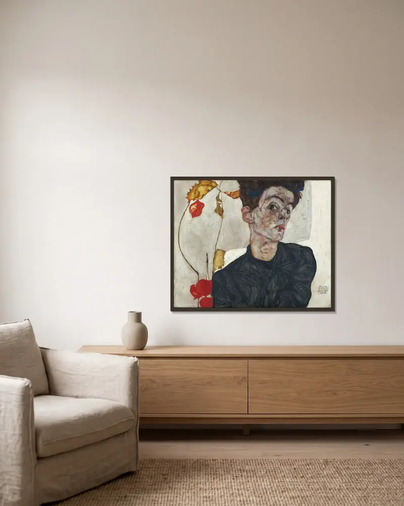 Self-Portrait With Physalis av Egon Schiele inramad på en vägg