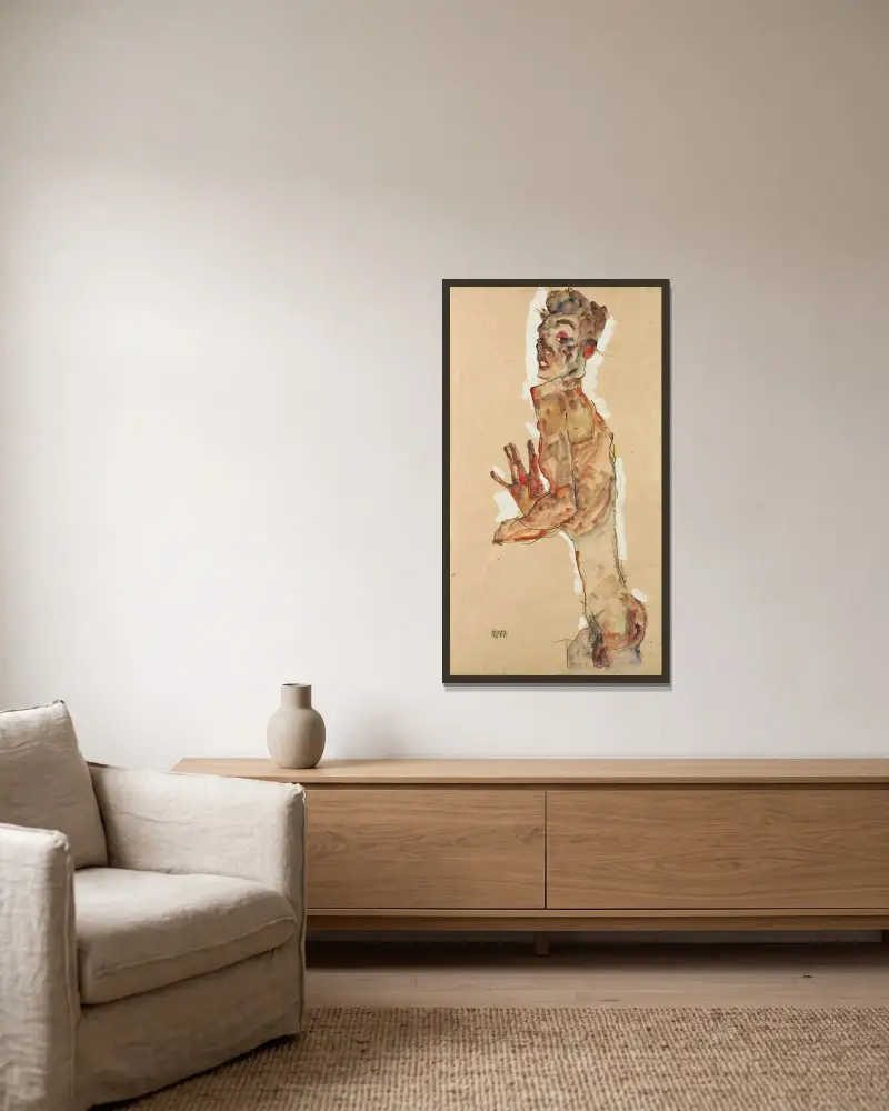 Selbstbildnis mit gespreizten Fingern von Egon Schiele gerahmt an einer Wand