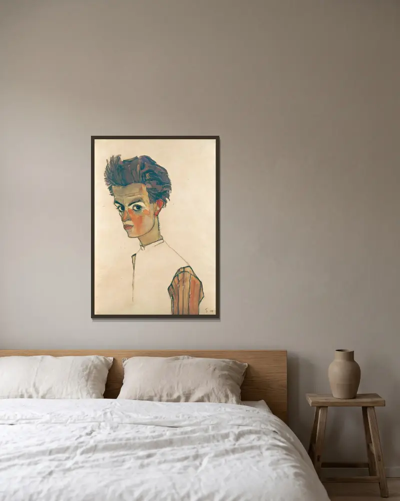 Self-Portrait with Striped Shirt av Egon Schiele inramad på en vägg