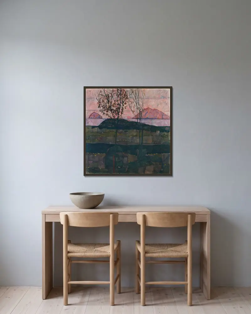 Setting Sun av Egon Schiele inramad på en vägg