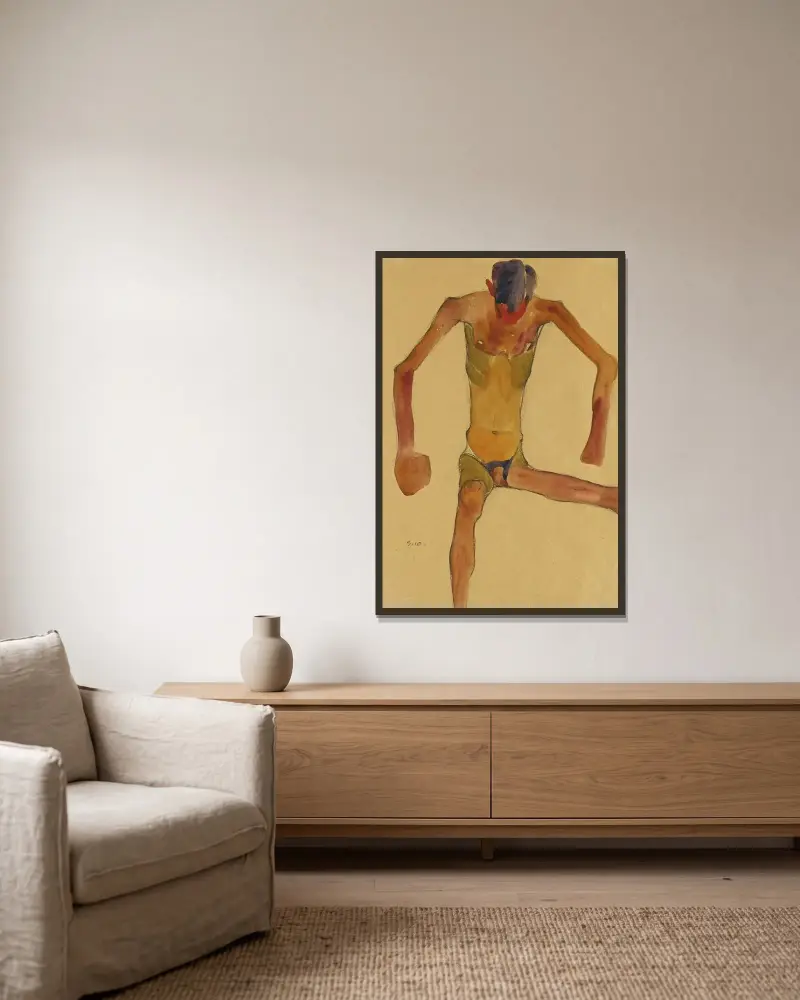 Sitzender männlicher Akt mit gesenktem Kopf (Seated Male Nude with Lowered Head) av Egon Schiele inramad på en vägg