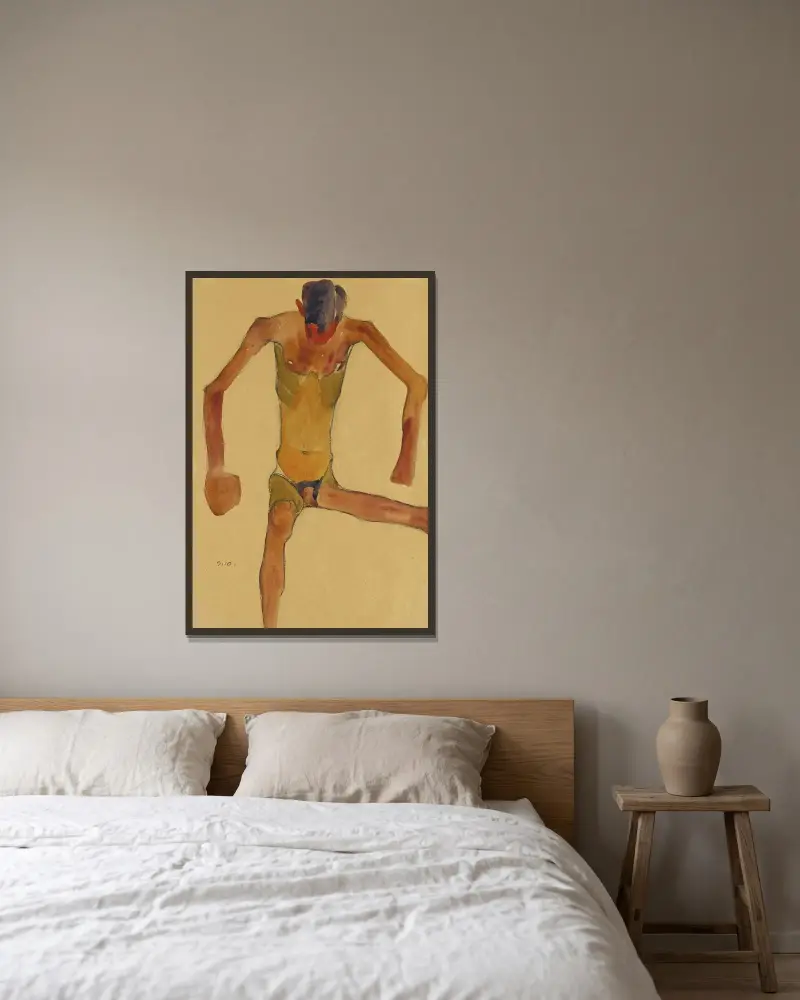 Sitzender männlicher Akt mit gesenktem Kopf (Seated Male Nude with Lowered Head) av Egon Schiele inramad på en vägg