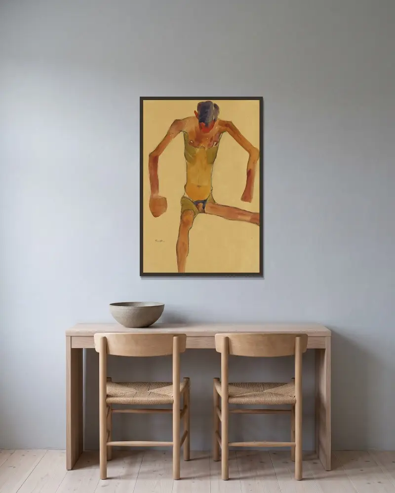 Sitzender männlicher Akt mit gesenktem Kopf (Seated Male Nude with Lowered Head) av Egon Schiele inramad på en vägg