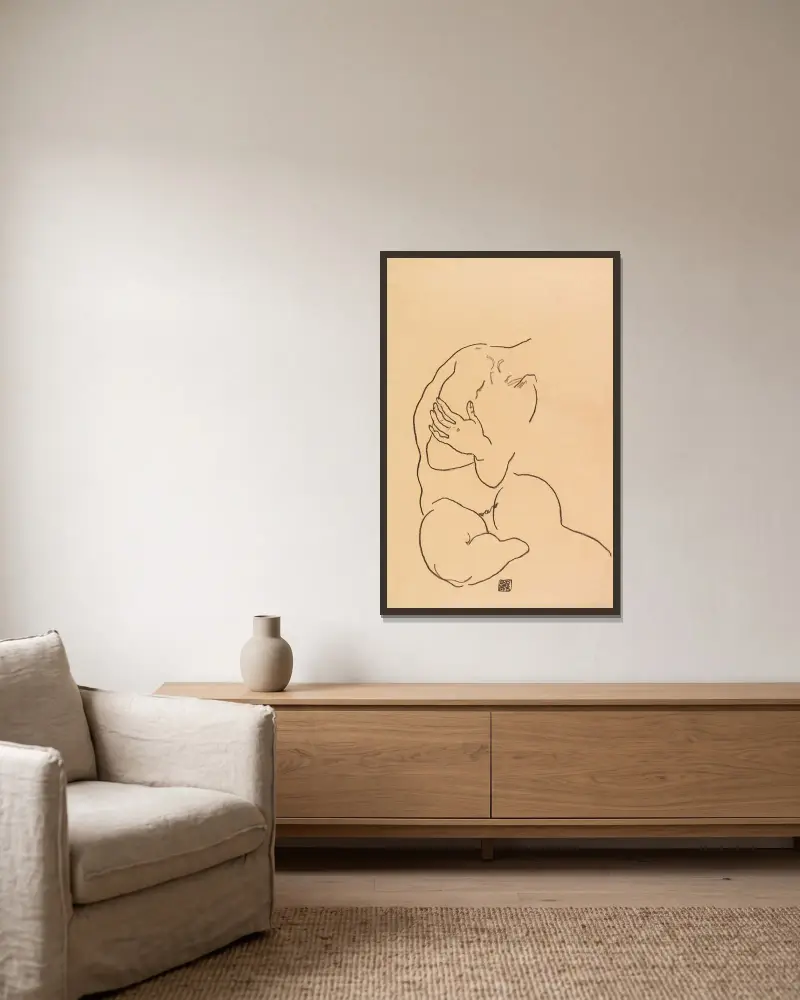 Sitzender weiblicher Torso av Egon Schiele inramad på en vägg