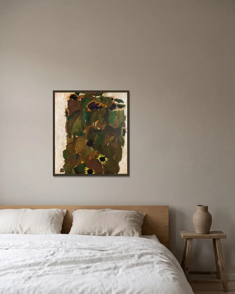 Sonnenblumen I av Egon Schiele inramad på en vägg