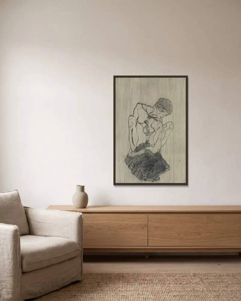 Sorrow av Egon Schiele inramad på en vägg