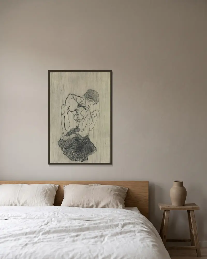 Sorrow av Egon Schiele inramad på en vägg