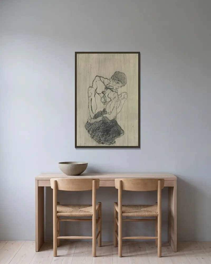 Sorrow av Egon Schiele inramad på en vägg