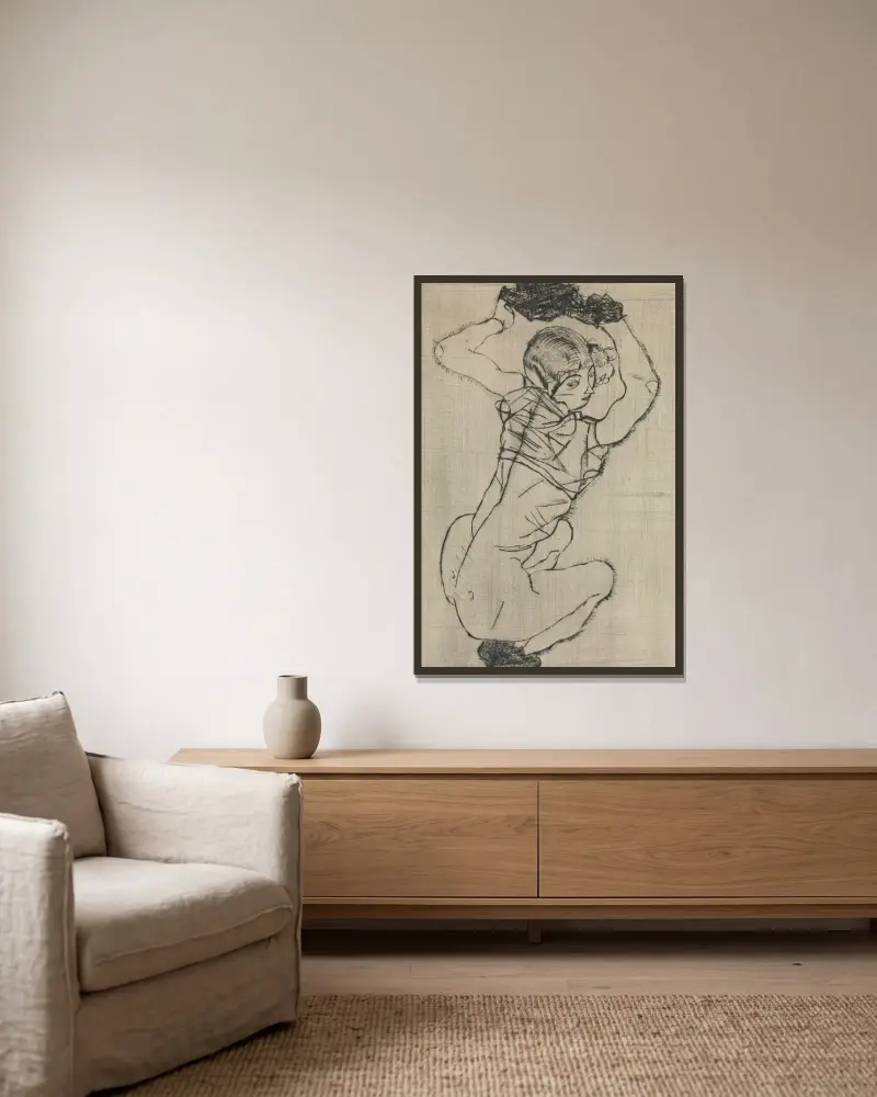 Hukande kvinna, 1914 av Egon Schiele inramad på en vägg