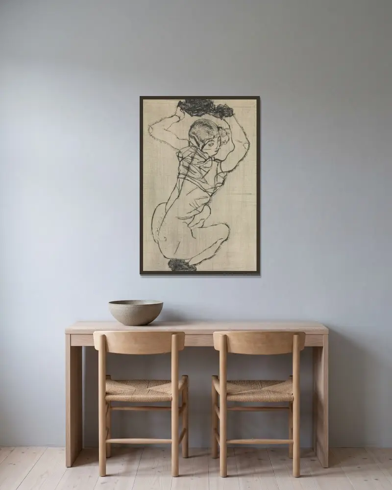 Hukande kvinna, 1914 av Egon Schiele inramad på en vägg
