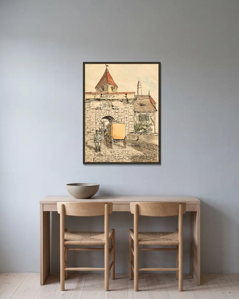 Stadttor mit Kutsche (Schülerarbeit) av Egon Schiele inramad på en vägg