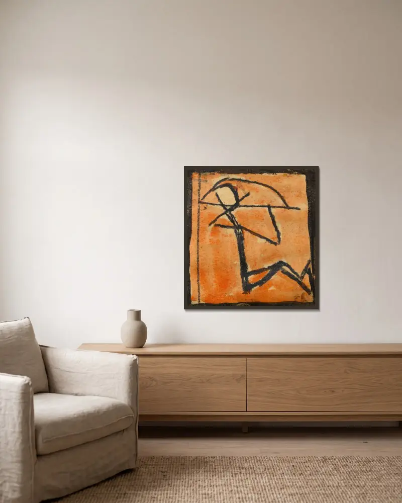 Strichmännchen mit Bogen von Egon Schiele gerahmt an einer Wand