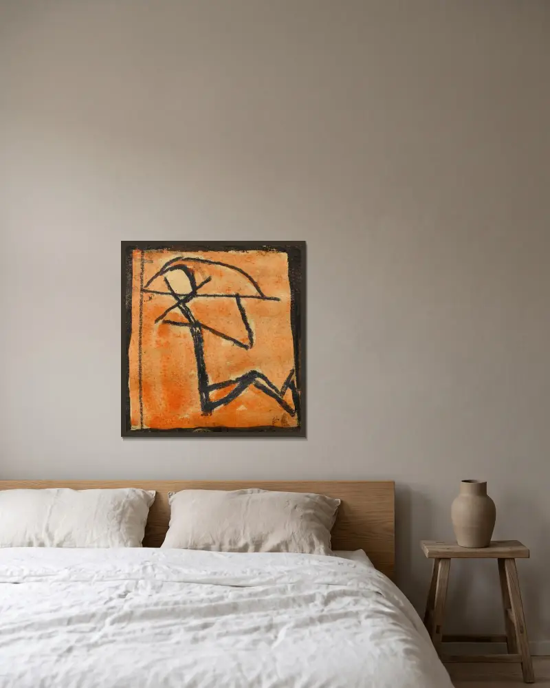 Strichmännchen mit Bogen von Egon Schiele gerahmt an einer Wand