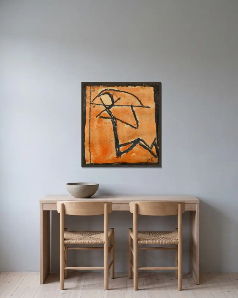 Strichmännchen mit Bogen von Egon Schiele gerahmt an einer Wand