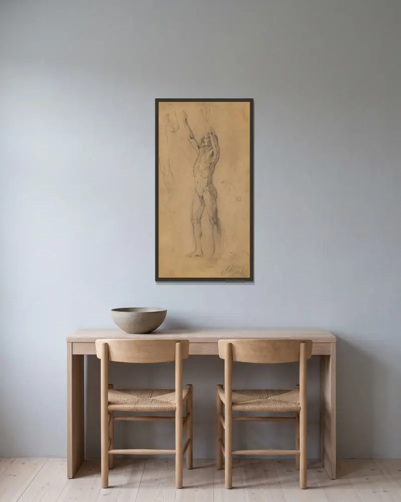 Studienblatt Männerakte av Egon Schiele inramad på en vägg