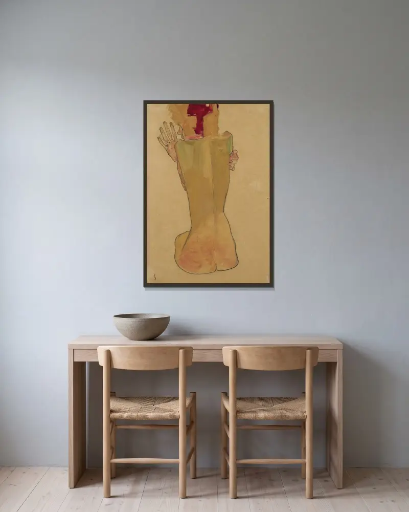 Studie av konstnärens syster av Egon Schiele inramad på en vägg
