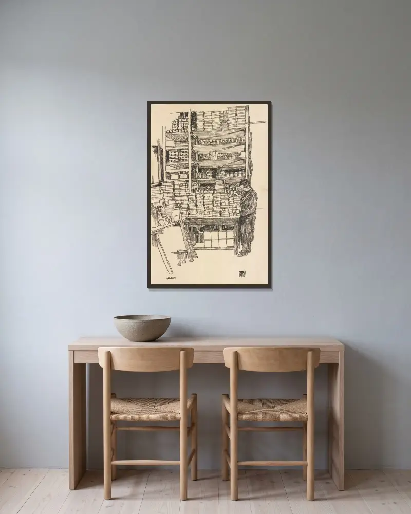 Förråd; Lagerrum med civil arbetare i Wien, Schottenfeldgasse av Egon Schiele inramad på en vägg