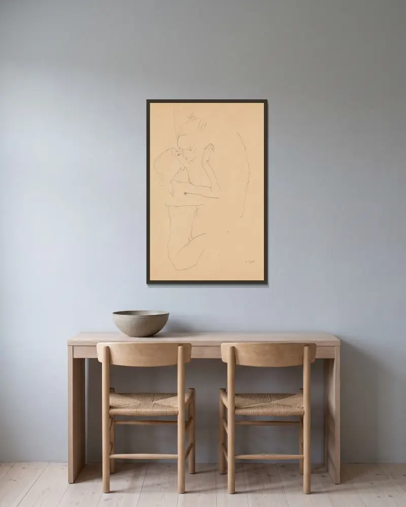 Kyssen av Egon Schiele inramad på en vägg