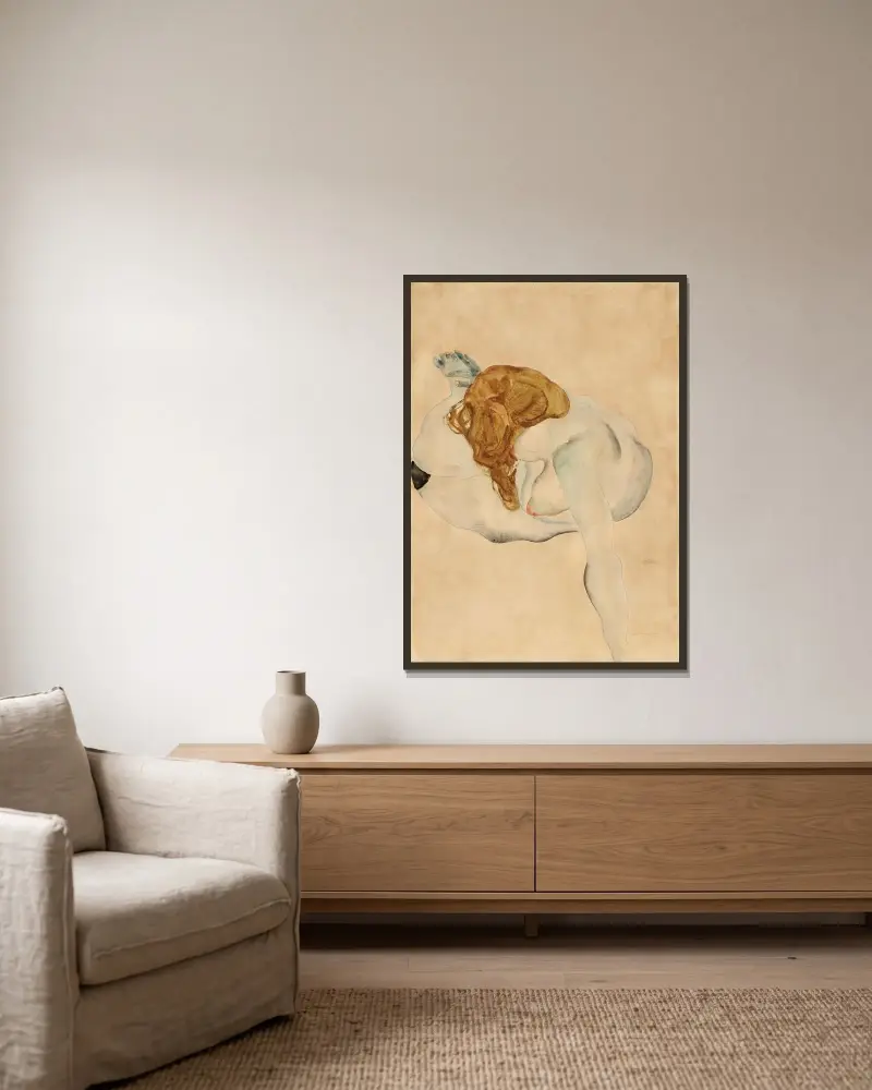 Weiblicher Akt auf ihren Arm gestützt (Female nude leaning on her arm) av Egon Schiele inramad på en vägg
