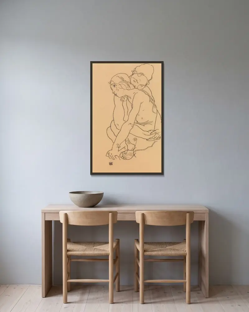 Woman and Girl Embracing av Egon Schiele inramad på en vägg