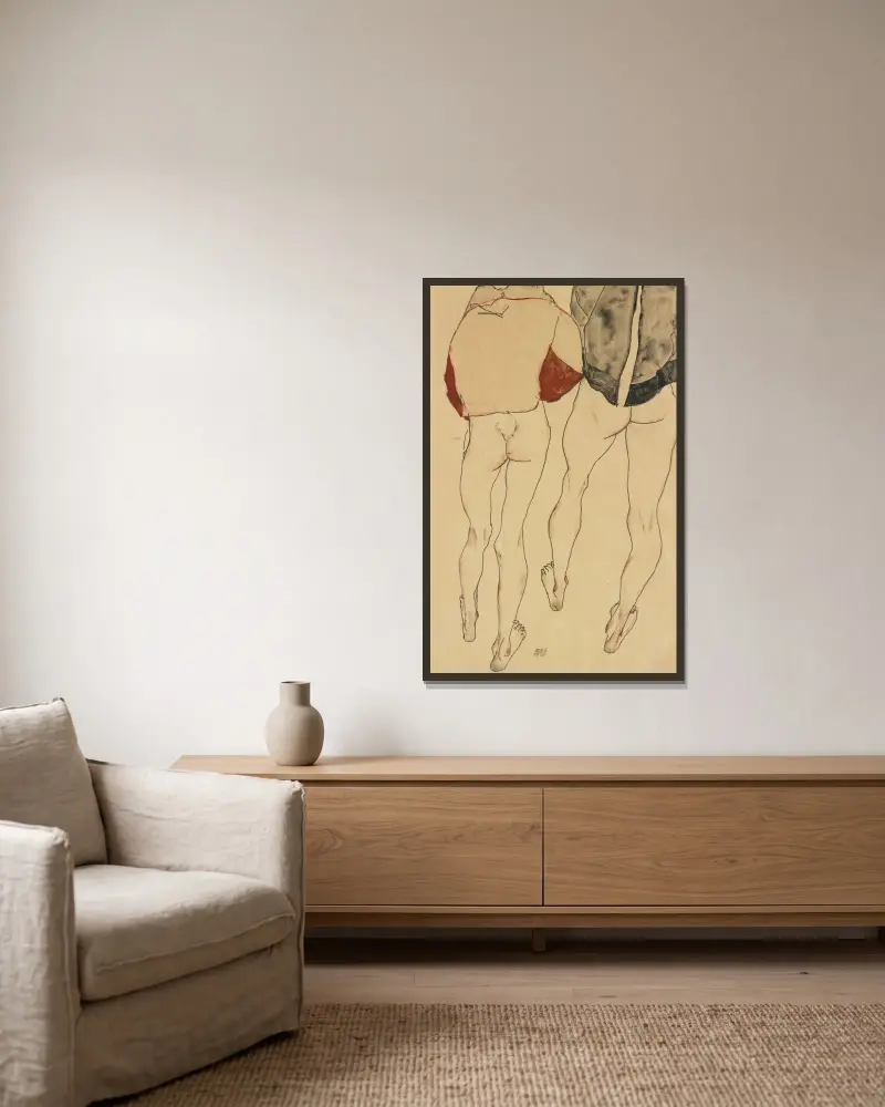 Dvě stojící polonahé ženy, Egon Schiele v rámu na stěně