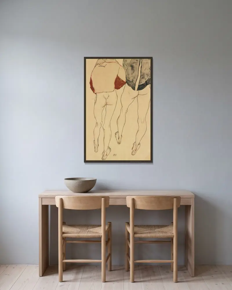 Dvě stojící polonahé ženy, Egon Schiele v rámu na stěně
