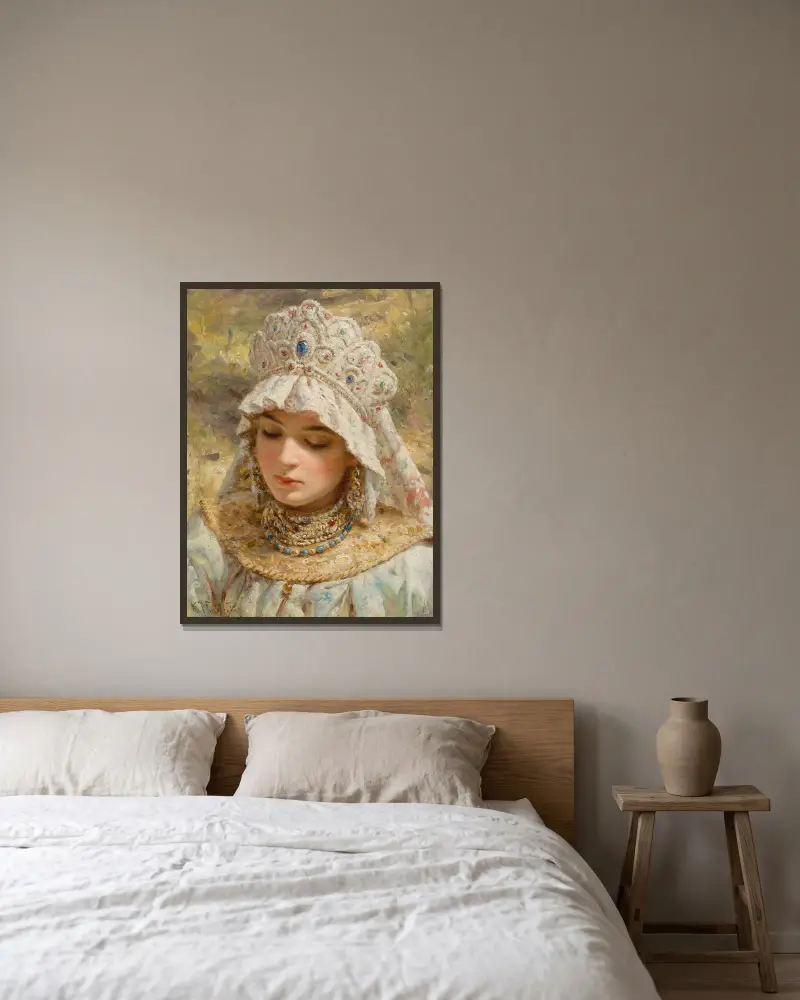 Bildnis einer Dame mit Kokoschnik av Konstantin Egorovich Makovsky inramad på en vägg