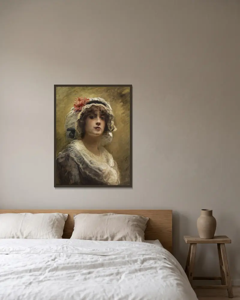 Porträtt av en ung flicka med vit huvudduk av Konstantin Egorovich Makovsky inramad på en vägg