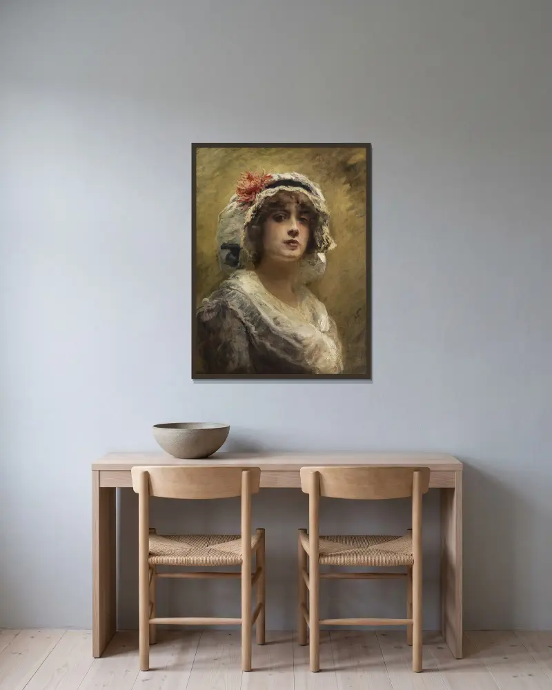 Porträtt av en ung flicka med vit huvudduk av Konstantin Egorovich Makovsky inramad på en vägg