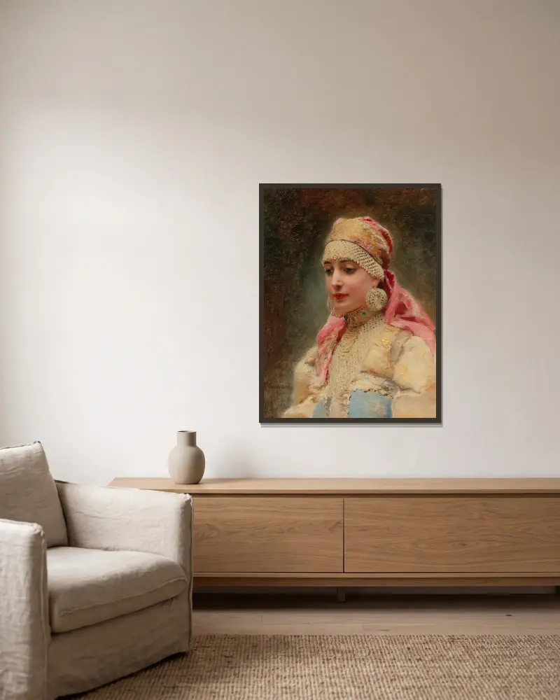 Porträtt av en bojarinna av Konstantin Egorovich Makovsky inramad på en vägg