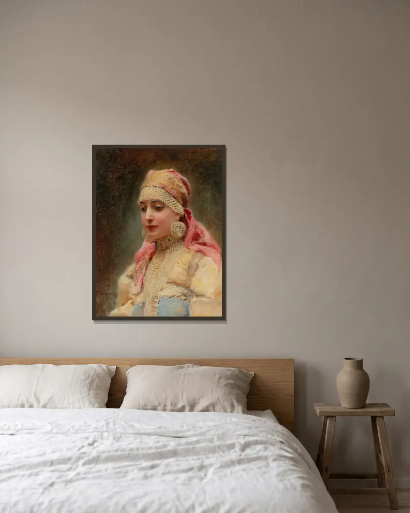 Porträtt av en bojarinna av Konstantin Egorovich Makovsky inramad på en vägg