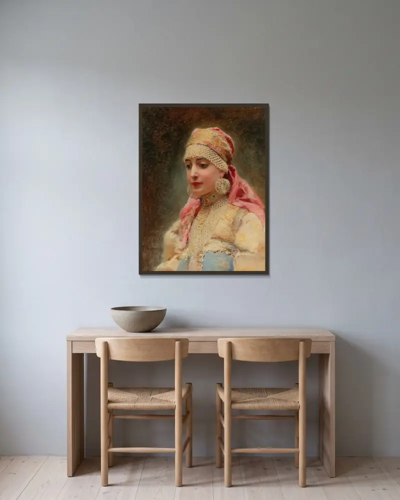 Porträtt av en bojarinna av Konstantin Egorovich Makovsky inramad på en vägg