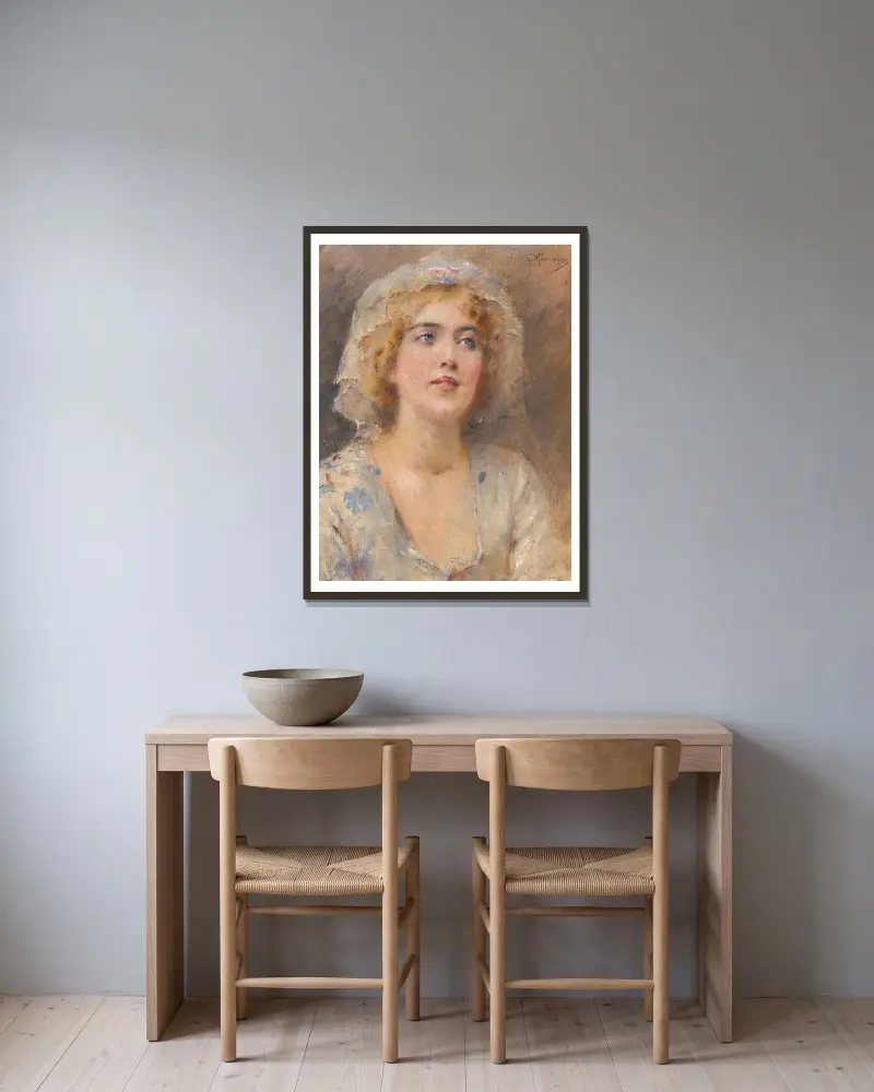 Porträtt av en flicka av Konstantin Egorovich Makovsky inramad på en vägg