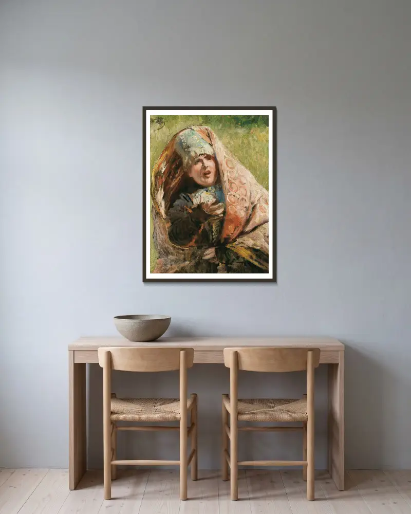 Porträtt av en bondkvinna; studie till Minin vädjar till folket i Nizjnij Novgorod av Konstantin Egorovich Makovsky inramad på en vägg