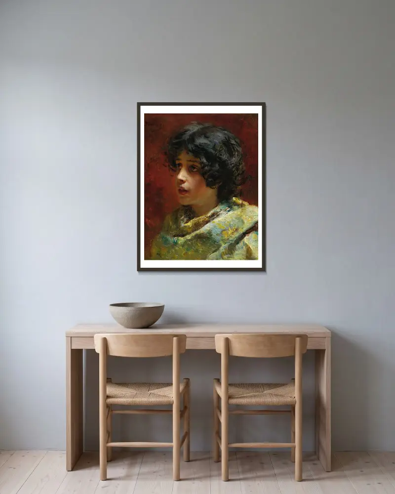 Porträtt av en ung flicka av Konstantin Egorovich Makovsky inramad på en vägg