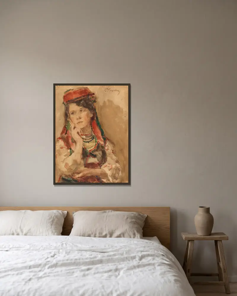Porträtt av ung dam i traditionell dräkt av Konstantin Egorovich Makovsky inramad på en vägg