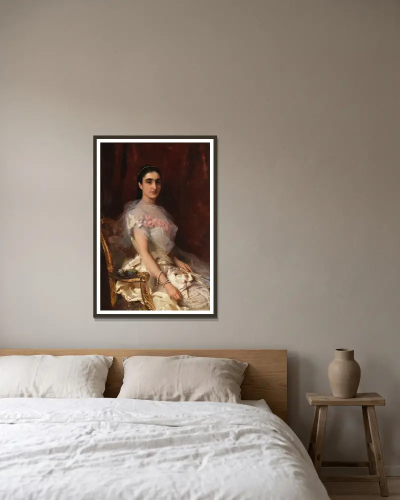 Porträtt av en elegant dam med solfjäder av Konstantin Egorovich Makovsky inramad på en vägg