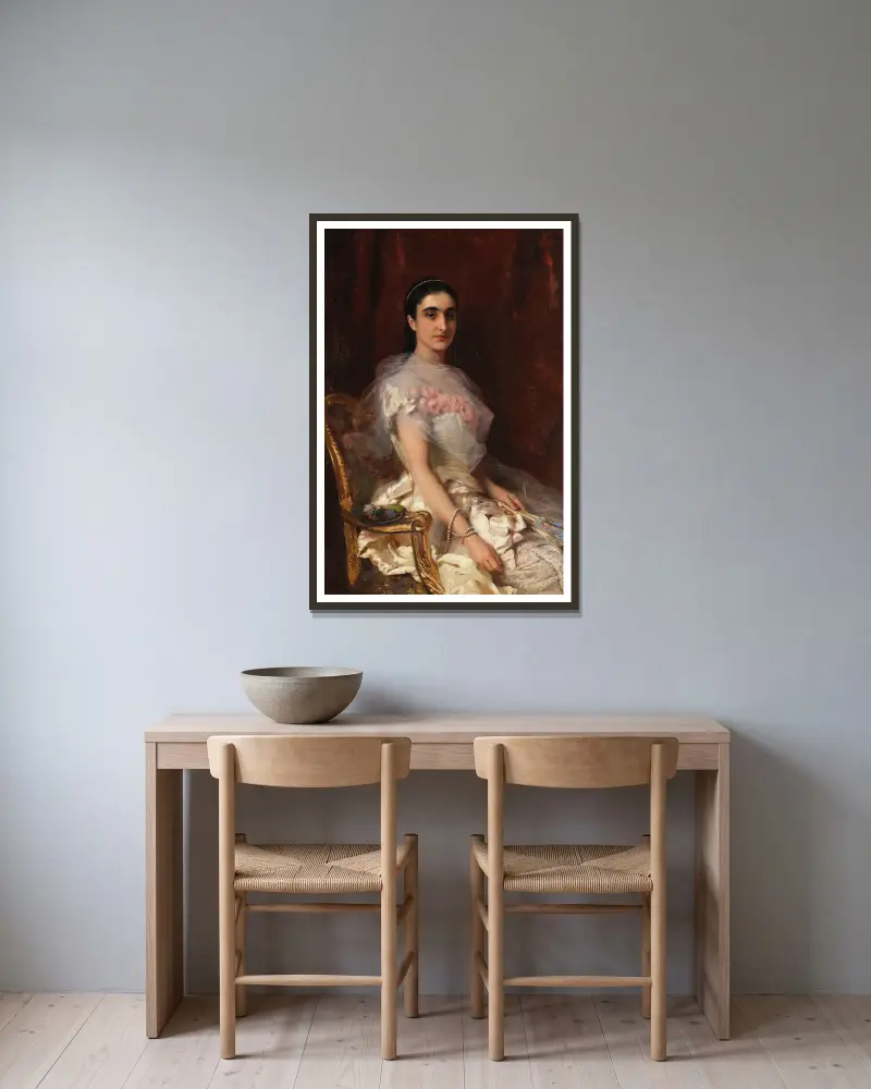 Porträtt av en elegant dam med solfjäder av Konstantin Egorovich Makovsky inramad på en vägg