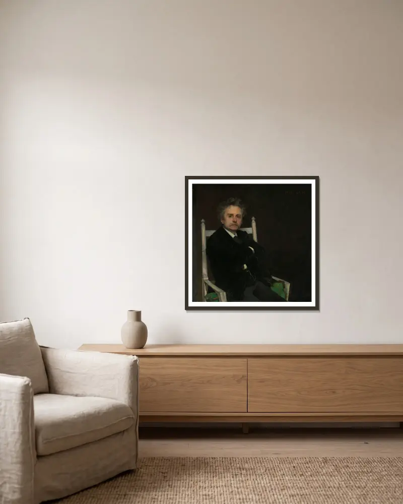 Porträt des Komponisten Edvard Grieg von Eilif Peterssen gerahmt an einer Wand