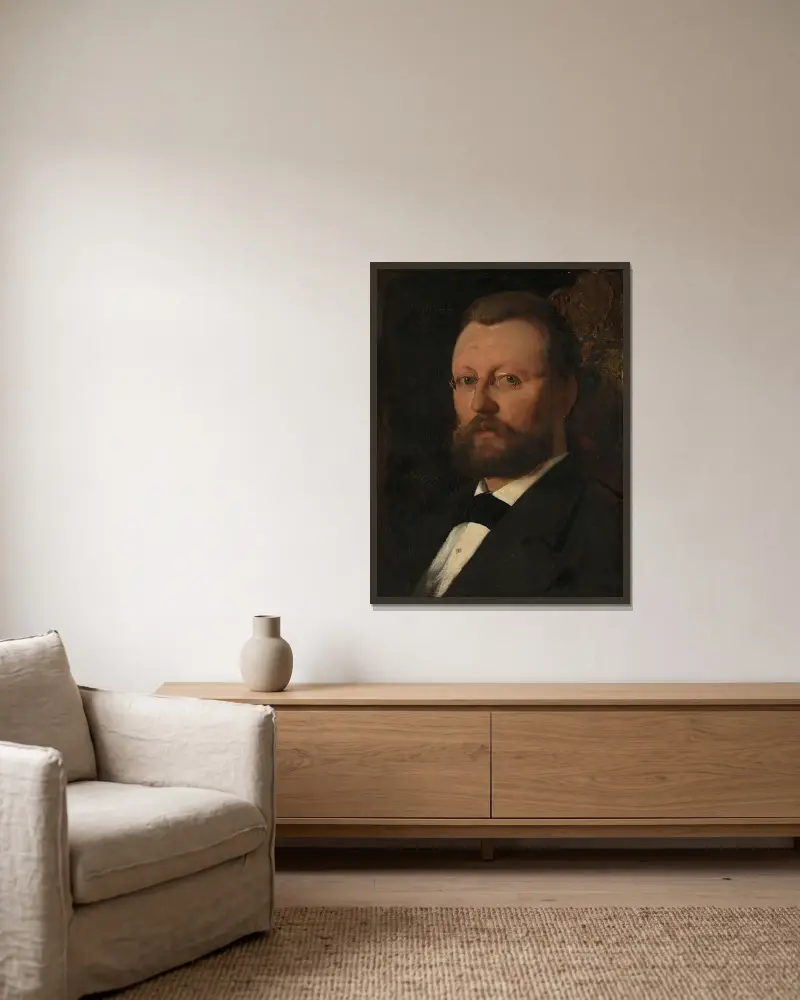 Porträtt av målaren Christian Meyer Ross av Eilif Peterssen inramad på en vägg