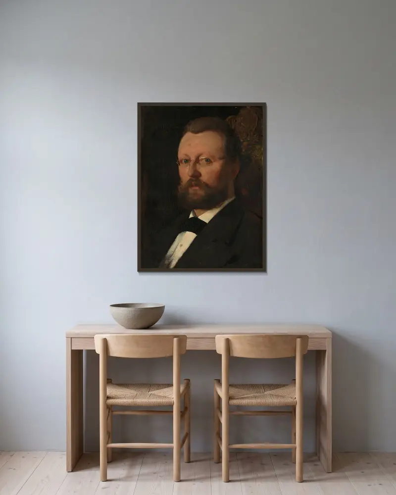 Porträtt av målaren Christian Meyer Ross av Eilif Peterssen inramad på en vägg